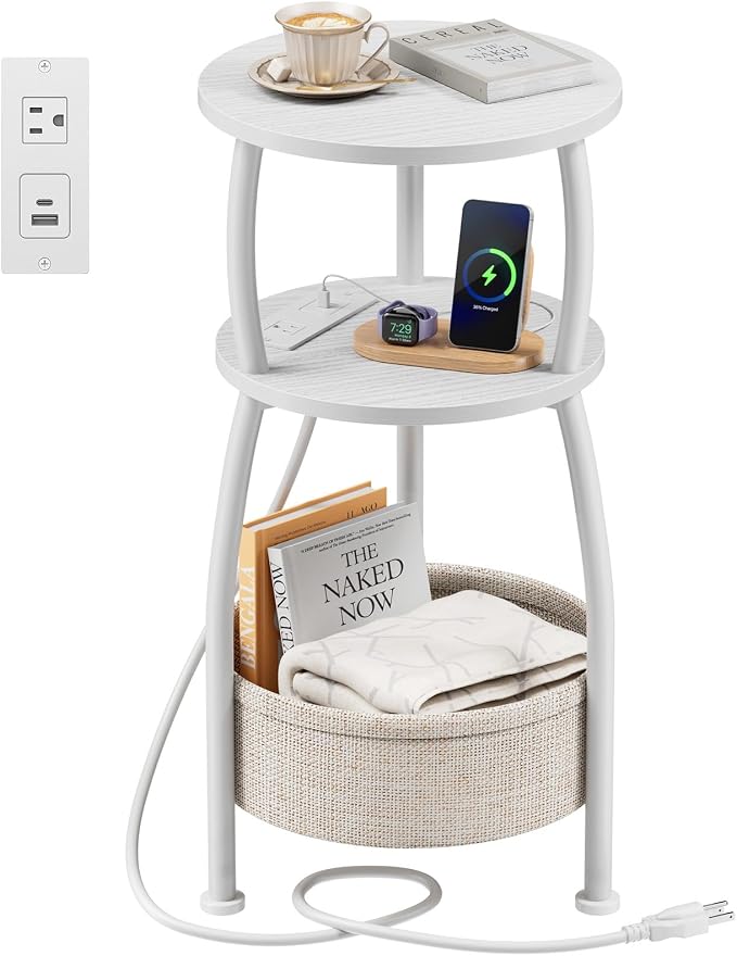 Side Table with Charging Station, Small Round End Table with Basket by designyourhome