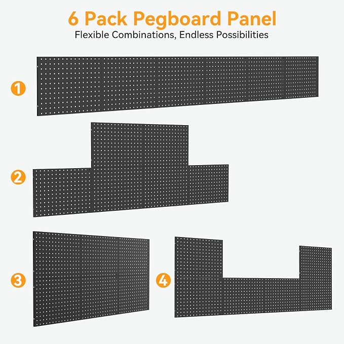 6 Pcs Metal Pegboard Wall Organizer, 16" x 12" Heavy Duty Peg Board for Garage Tool Storage, Black Peg Board Panels for Garage, Craft Room, Workbench Storage - Image 4