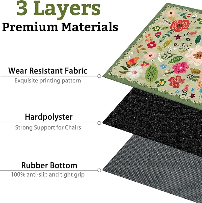Office Chair Mat for Hardwood & Tile Floor,Boho Floral 36"x48" Office Computer Chair Mat for Rolling Chairs,Under Desk Non Slip Gaming Rug,Rubber Backing Large Low-Pile Carpet Protector Mat(Green) - Image 3