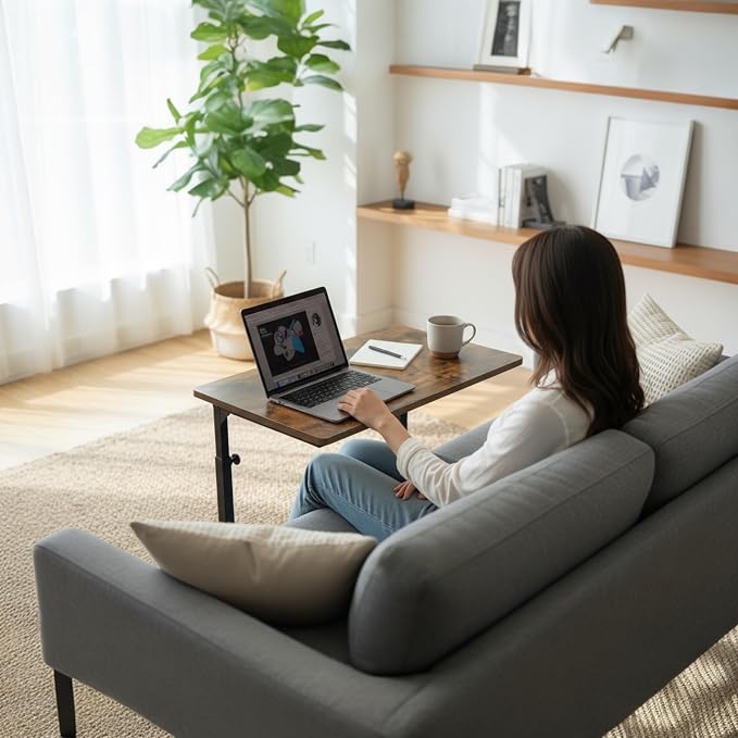 Height Adjustable C-Shaped Sofa Side Table, Laptop Table for Couch & Bed, Rustic Brown - Image 7