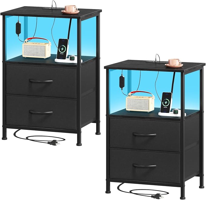 Somdot Nightstands Set of 2 with 2 Drawers, Charging Station & LED Light by Somdot