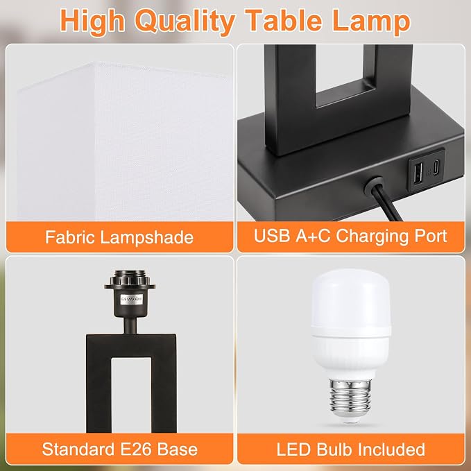 Seealle 22" Tall Living Room Lamps for Night Stands - Touch Bedside Lamp with USB C+A, 3 Way Dimmable Bedroom Lamps for End Tables Set of 2, Modern Night Stand Lamps for Bed Side(White&Black) - Image 5
