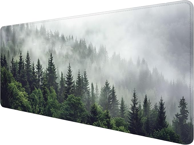 Misty Forest Gaming Mouse Pad Desk Pad Nature Fir Tree Woodland Large Gaming Mouse Mat with Stitched Edges,Non-Slip Waterproof Rubber Base Mous Mat Office Computer Keyboard Laptop Home 31.5"x11.8" by Unknown