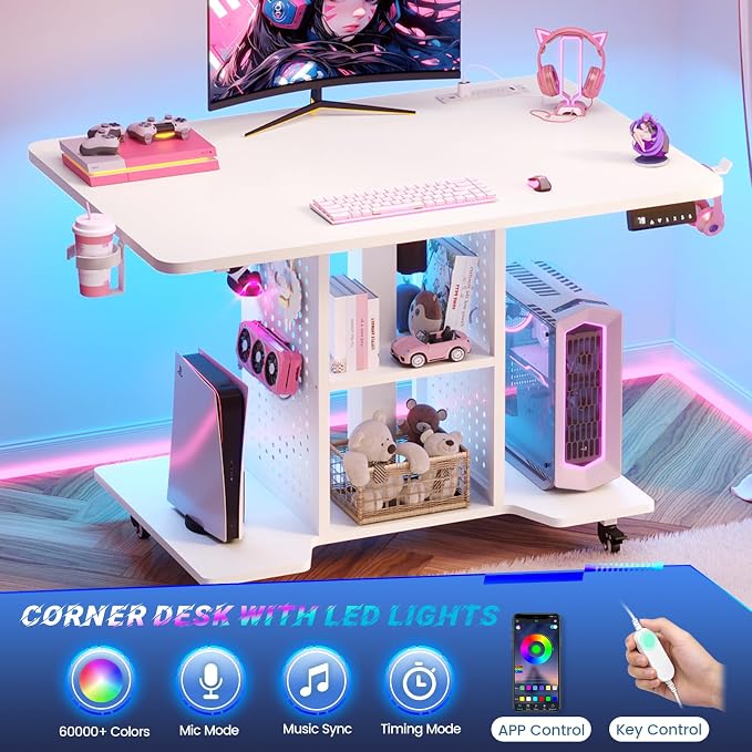 SEDETA Small Standing Gaming Desk, 31.5" Rolling Computer PC Desk Electric Height Adjustable with Power Outlet, Pegboard & Storage Shelves, RGB LED Light, for Small Spaces/Bedroom/Gaming, White - Image 6
