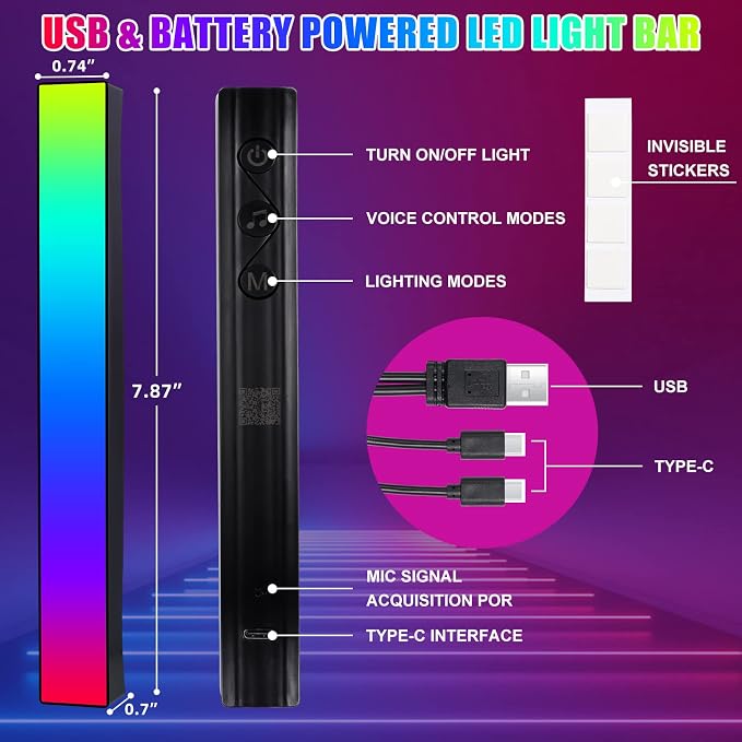 Battery Powered Rhythm Light Bar, RGB Sound Control Pickup Rhythm Lights, APP Control 32 Bit Music Level LED Lights, USB Rechargeable Voice Activated Atmosphere Light for Game Car TV DJ Studio - 2Pcs - Image 2