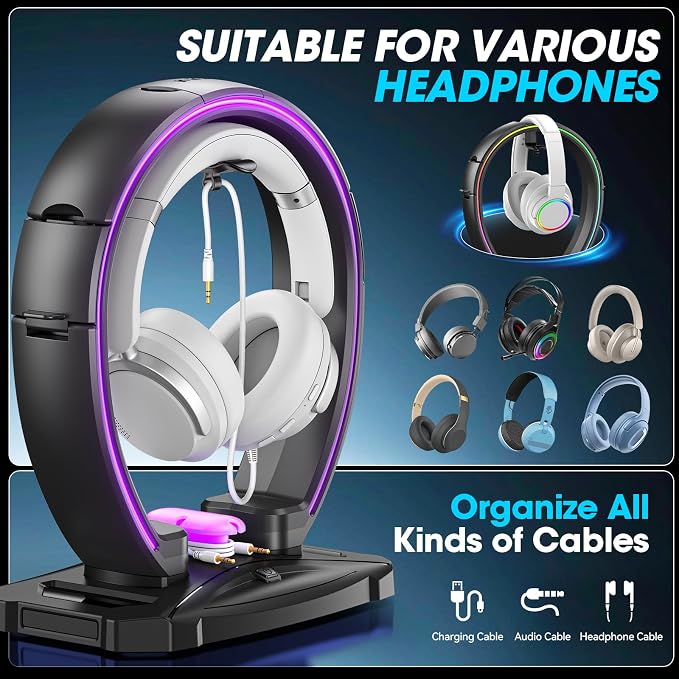 KDD RGB Headphone & Controller Stand with 9 Light Modes - Foldable Controller Hanger for Desk - Earphone Stand with Cable Organizer - for Gamers Desktop Accessories - Image 5