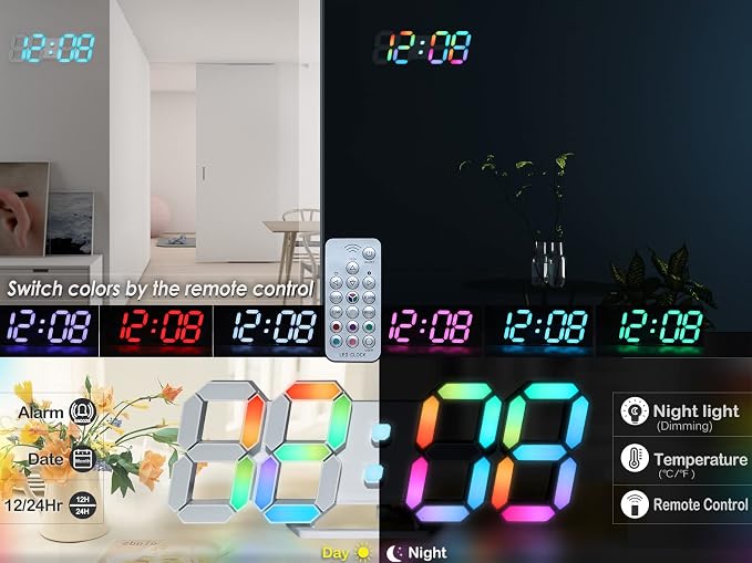 KOSUMOSU Wall Clock Neon Digital Clock 3D LED Desk Clock Large Display 9.7" RGB Clock Alarm Clock for Bedroom Living Room,Remote,Brightness Dimming, Date,Temp - Image 2