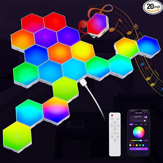 TISOFU 20 Pack Hexagon Lights LED Wall Panels, RGB Gaming Lights with APP/Music Sync & Remote, DIY Smart Modular Hexagonal Honeycomb Glide Hex Tiles Panel, Bedroom Party Decor Gifts by TiSOFU