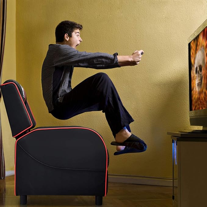 Giantex Gaming Recliner Chair, Adjustable Massage Gaming Chairs for Adults, Ergonomic Comfortable Lounge Leather Sofa w/Footrest, Remote Control & Side Pocket, Racing Style Single Sofa Recliners, Red - Image 7