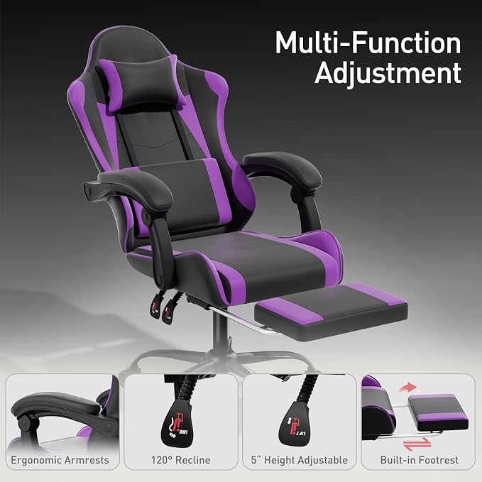 MoNiBloom Gaming Chair, Footrest & Lumbar Support, Height Adjust, Purple | Headrest & Lumbar Support, Ergonomic Computer chair, for Adult Teen Office or Gaming,Swivel game chair, leather gaming chair - Image 6