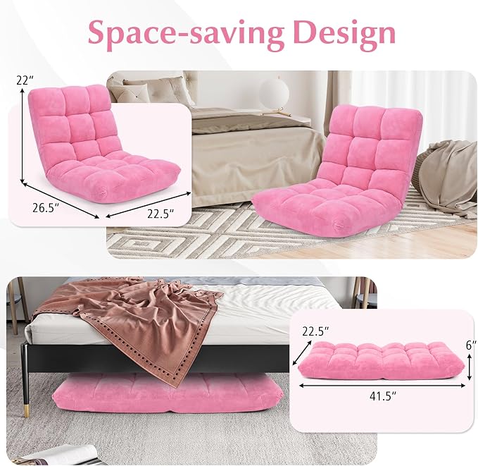 14-Position Floor Sofa, Folding Gaming Sofa Chair, Comfy Cushions & Study Steel Frame, Angle Adjustable Sleeper Bed, Couch Recliner (Pink) - Image 6