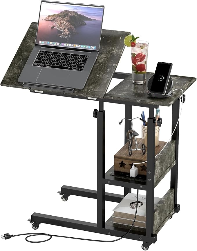 Hadulcet Adjustable C Table with Charging Station, Tiltable Desk C Shaped End Table for Couch, Over Bed Table with Wheels Adjustable Height, Laptop Stand Drawing Desk, Marble Grey by Hadulcet