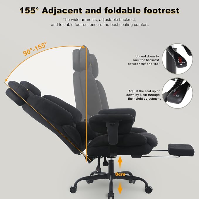 Symino Gaming Chair with Footrest, Up/Down Armrests, Suede Fabric Ergonomic Office Chair, 150° Recline Computer Chair for Desk, Black - Image 6