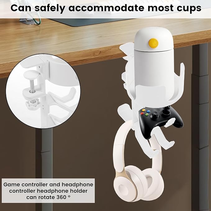 4 in 1 Desk Cup Holder with Headphone Hanger and Controller Stand Gaming Accessories, Under Desk Clamp Rotatable Headset Holder,Adjustable&Rotating Upgraded Arm Clamp,Desk Controller Holder (White) - Image 7