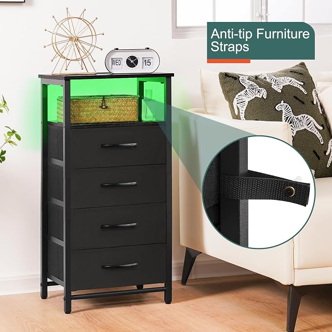 Yoobure Night Stand - Black Nightstand with Charging Station, Small Dresser - Image 8
