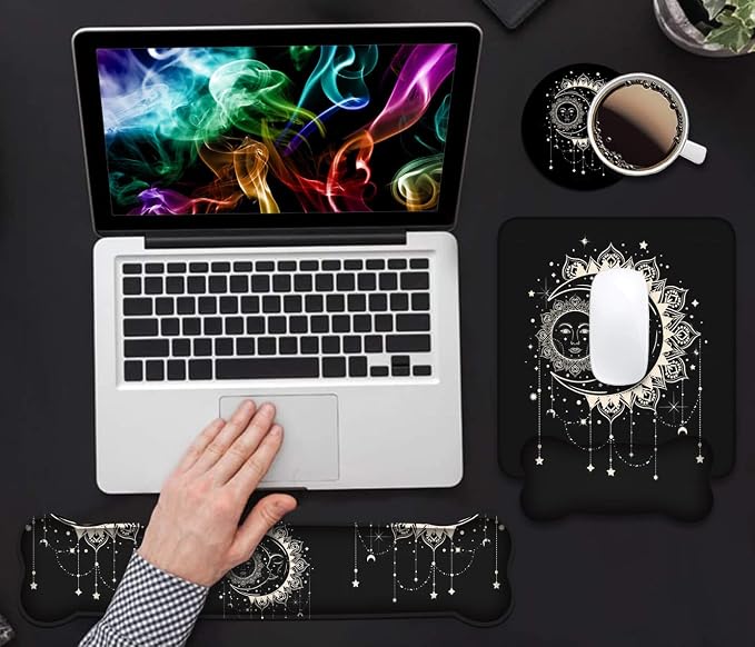 Wrist Rest Support Ergonomic Gel Mouse Pad and Memory Foam Keyboard Set, Non-Slip Rubber PU Base for Home Office Working Studying Easy Typing & Pain Relief, Celestial Theme Sun with Crescent Moon - Image 7