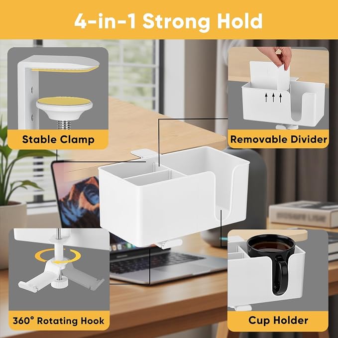 4-in-1 Clip On Desk Cup Holder, Fits up to 40oz cups - Mountable Holder with Adjustable Divider & 360° Rotating Hook - No Spill Clamp On Drink Holder Attachment - for Desk Chair Table Bed Tray - White - Image 2