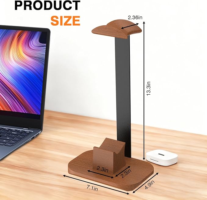 Walnut Headphone and Controller Stand, Desk Gaming Equipment Wooden Headset Controller Holder, Earphone Hook for Game Room Desktop PC Accessories, Gamer Gifts - Image 2
