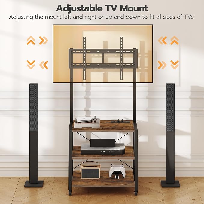 HOOBRO Rolling TV Stand with Mount and Power Outlet Up to 55 inch TV, Corner Entertainment Center, Small TV Stand with 3-Tier Storage Shelves for Living Room, Bedroom, Rustic Brown and Black BF66UDS01 - Image 3