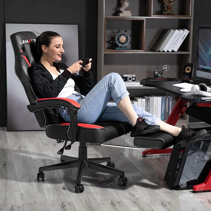 LEMBERI Big and Tall Gaming Chair, 400lb Capacity, Red | Heavy-duty steel frame, wide seat & high back, PU leather, reinforced footrest, linkage armrests for PC desk & office - Image 2