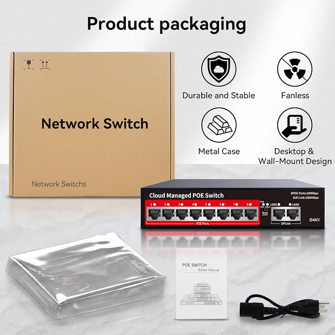 STEAMEMO PoE+ Switch, 8 Port Managed PoE Ethernet Switch(8 POE Ports +2 Uplink),120W Built-in Power, Support VLAN, QoS, Fanless Metal, Plug & Play (Desktop/Wall Mount) - Image 9