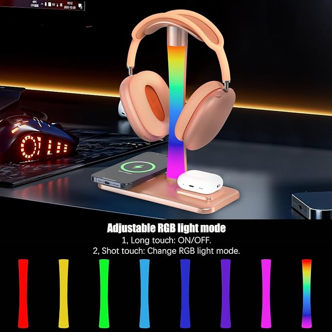 Headphone Stand with Wireless Charger,Gaming Headset stand with RGB Light Mode,For Airpod Max Stand Compatible with Airpod Pro/3/2,For iPhone 17/16/15/14/13/12/11,Gifts for Gamers & Music Lover (Gold) - Image 3