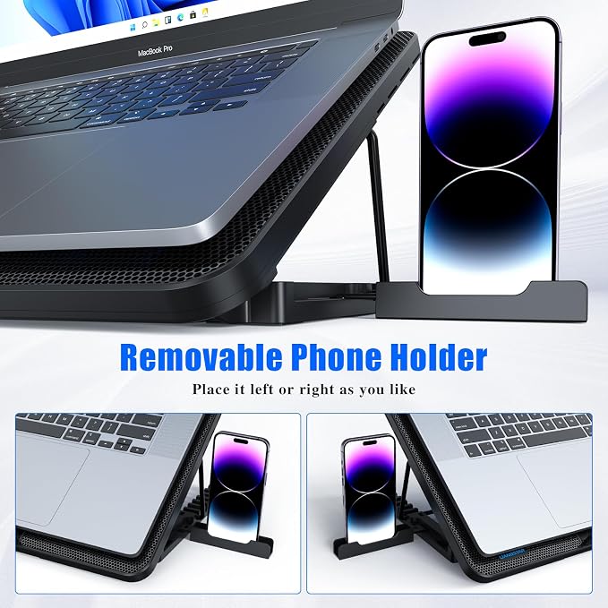 LIANGSTAR Laptop Cooling Pad, Laptop Cooler with 8 Quiet Fans for 12-17 Inch Gaming Laptop Fan Cooling Pad Stable Stand 7 Height & Wind Speed Adjustable, 2 USB Port & Phone Holder - Image 5