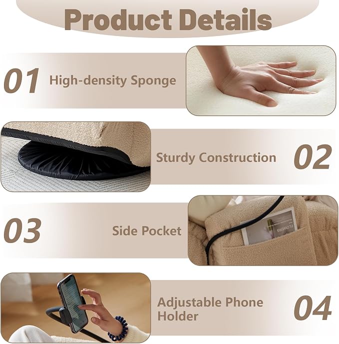 360° Swivel Gaming Floor Chair, 5 Position Adjustable Folding Sofa Chair with Armrests & Phone Holder, Cushion Padded Indoor Chaise Lounge for Adults, Home Office Floor Leisure Chairs, Beige - Image 5