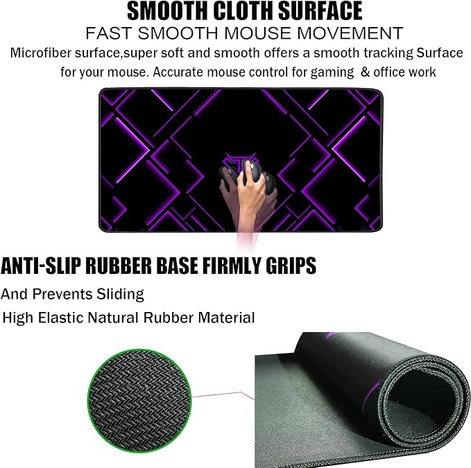 TEDNETGO Large Extended Gaming Mouse Pad, Long Mouse Pads, Extra Large Big Mouse Pad with Stitched Edge, XXL Non-Slip Computer Computer Keyboard Mat for Gamer/Desktop/Office/Home, Purple - Image 3