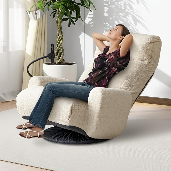 Teddy 360° Swivel Floor Gaming Sofa Chair - Beige | Adjustable Head & Waist Support, Padded Cushion, Folding Gaming Lounge Chair with Armrests & Phone Holder | Home Office - Image 9