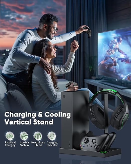 Charger Stand with Cooling Fan for Xbox Series S Console and Controller,Vertical Dual Charging Dock Accessories with 2 x 1400mAh Rechargeable Battery and Cover, Earphone Bracket for XSS(Black) - Image 7