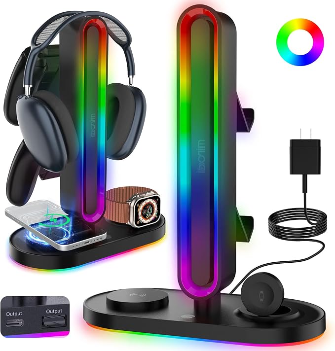 RGB Headset Stand with Wireless Charger, 8-in-1 Charging Station for iPhone, Samsung, Apple Watch Type-C/USB Ports, Gaming Headphone & Controllers Holder, Organizer for Desk Includes 20W PD Adapter by miroddi