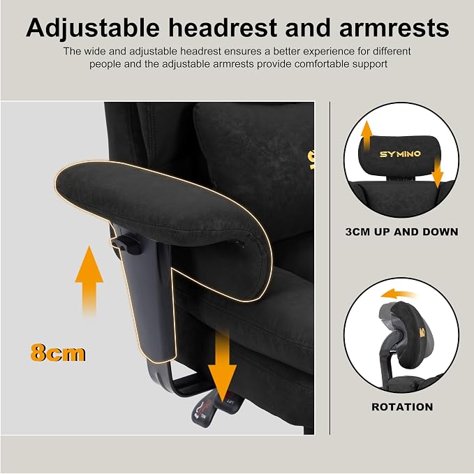 Symino Gaming Chair with Foot Rest, Unique Up/Down Armrests, PU Leather Ergonomic High Back Chair, 150° Recline Solid Color Computer Desk Chair, Black - Image 7