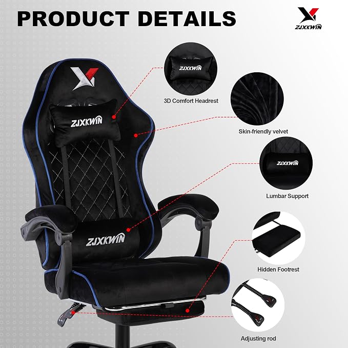 Velvet Gaming Chair, Ergonomic High Back Racing Chair with Footrest, Spring Wide Cushion, Adjustable Headrest & Lumbar Support, 90-135° Recline, 360° Swivel, 300lbs for Home Office, Blue - Image 5