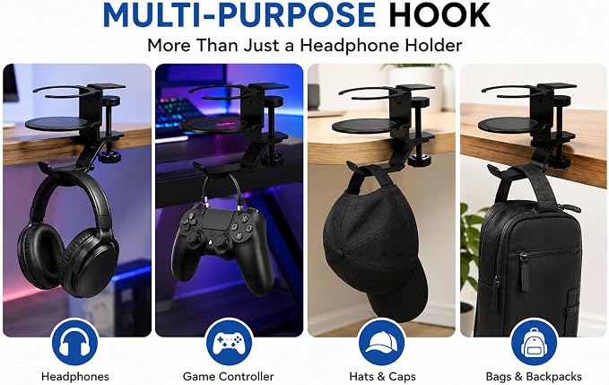 Foldable Aluminum Under Desk Headphone Hanger with Cup Holder, 2-in-1 Clamp-on Headset Stand & Drink Holder, Heavy Duty Gaming Headphone Hook for Office, Home, Gaming Desk - Black - Image 7