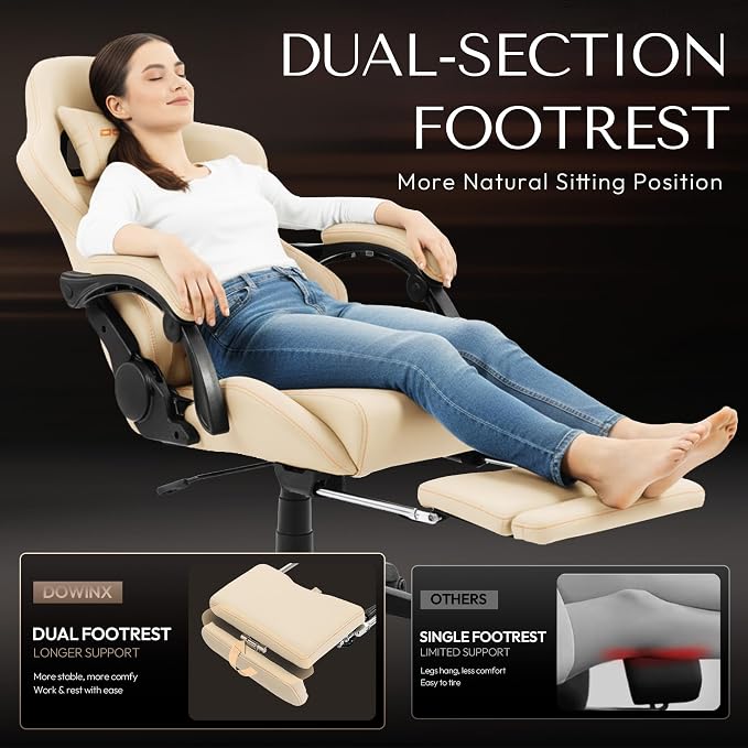 Dowinx Big & Tall Vintage Gaming Chair for Adults, 400 lb Capacity Heavy Duty Ergonomic Computer Chair with Dual Extended Footrest & Massage, Ivory White - Image 4