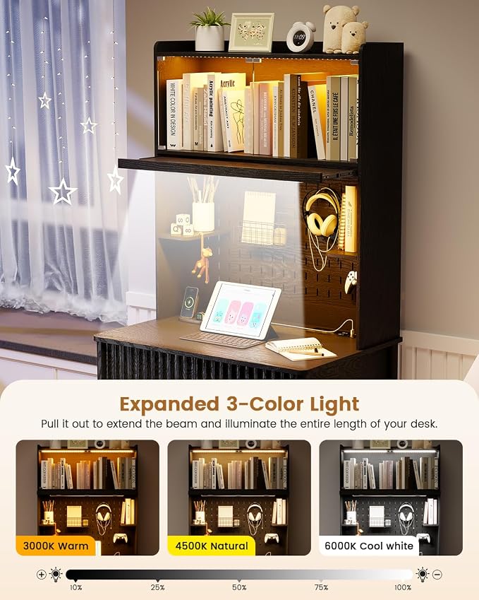 HNEBC Black Computer Desk - with Power Outlets & Chariging Station,Small Writing Desk with Hutch and Drawers,66.3''H Office Desk with Pull-Out LED Lights,Pop-up Glass Door,Pegboards,Bedroom - Image 3