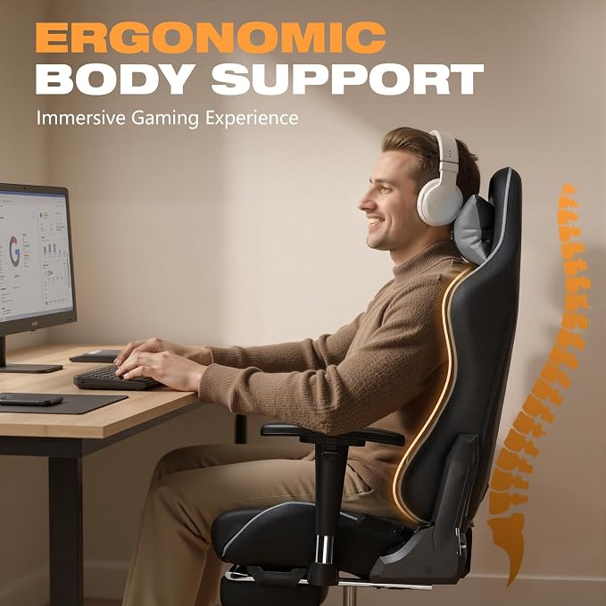 Gaming Chair with Footrest, Ergonomic High-Back PU Leather Computer Chair with 3D Adjustable Armrests, Headrest and Lumbar Support, Office Desk Chair with Diamond Stitching for Adults & Teen - Image 8