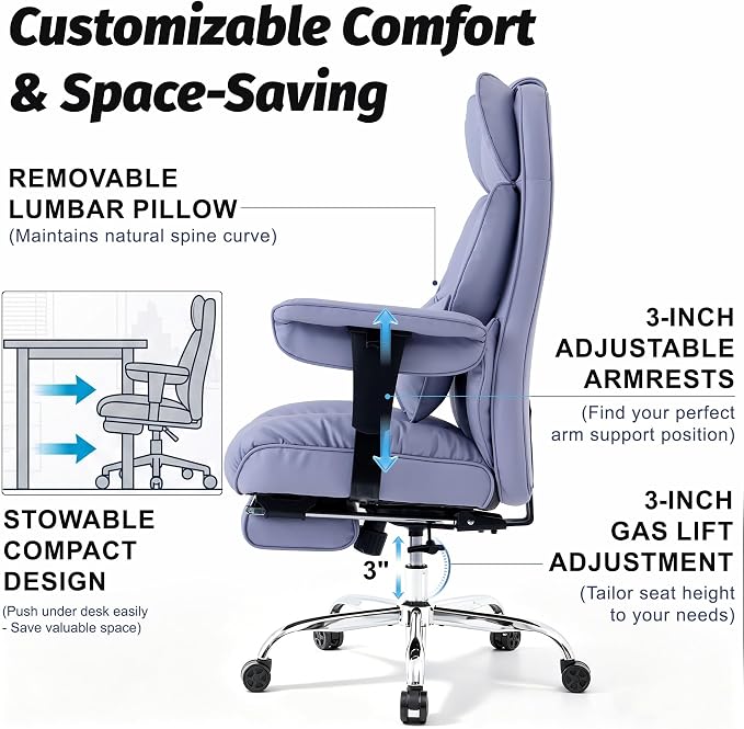Efomao Executive Office Chair 400lbs,Purple Big and Tall Desk Chair | Mattress-grade pocket spring cushion, sleek leather, 135° recline & footrest for computer gaming setup. - Image 6