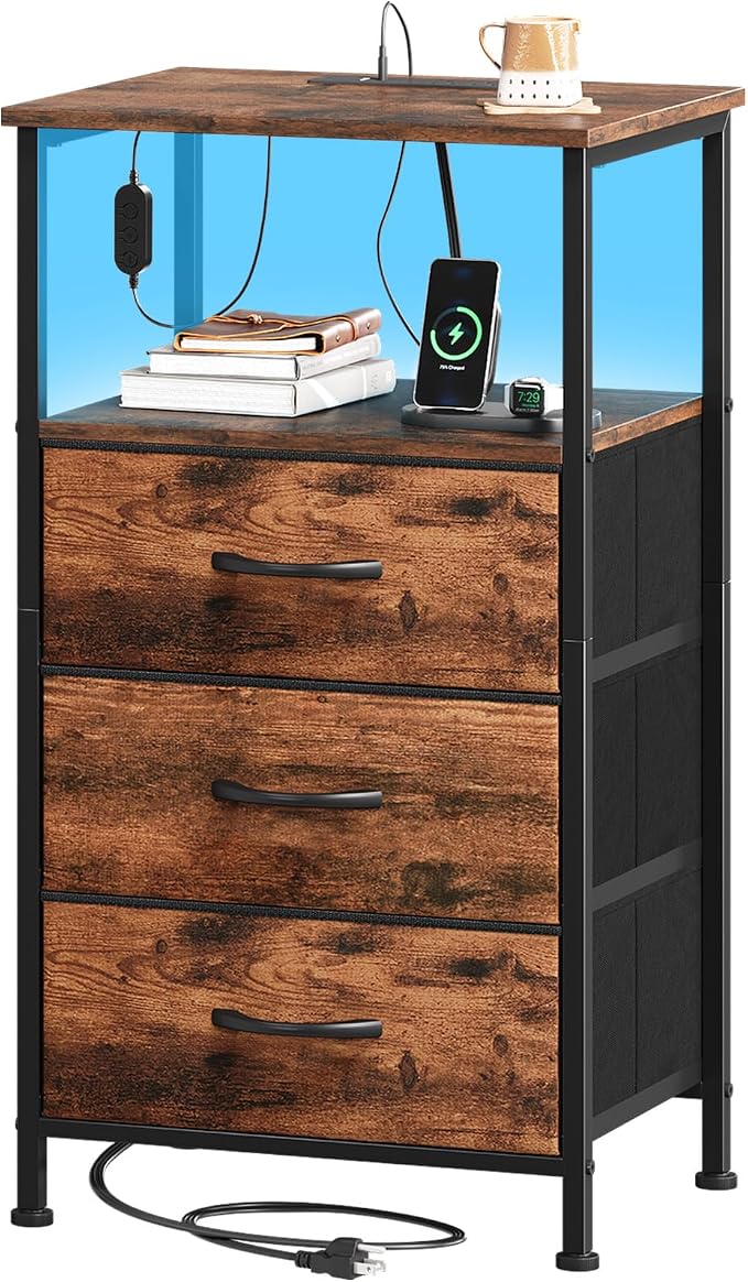 Somdot Tall Nightstand with 3 Drawers, Charging Station & LED Light by Somdot