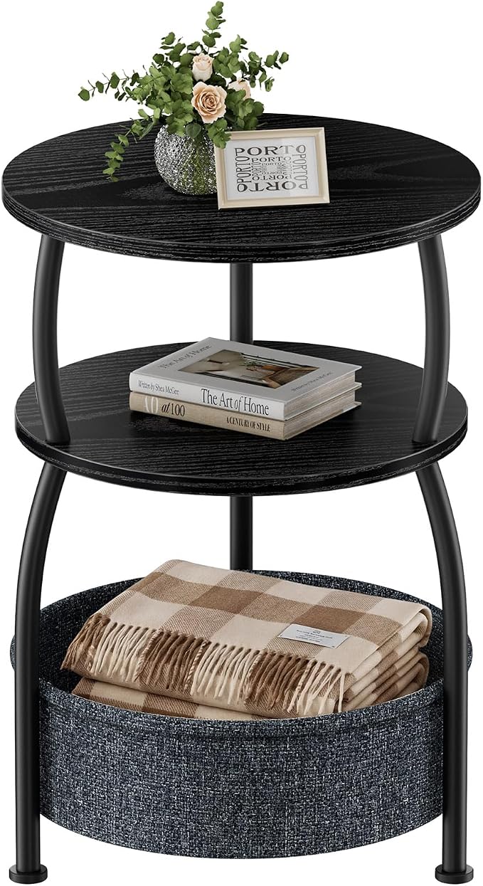 Round Side Table with Storage Basket, End Table Living Room, Black by designyourhome