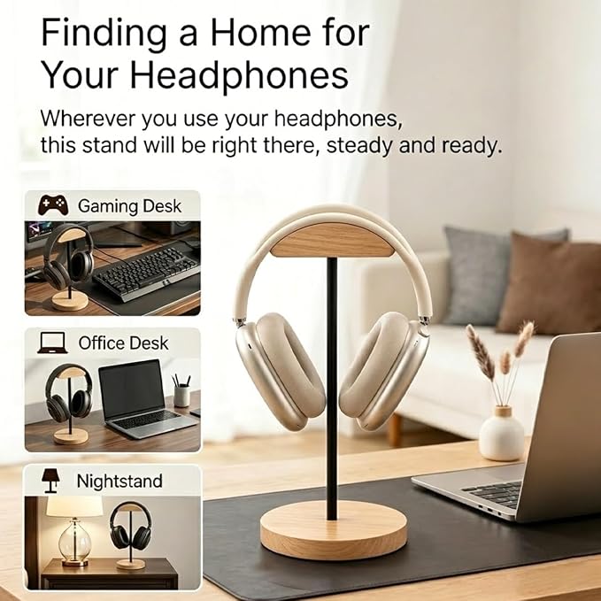 Headphone Stand Nature Wood & Metal Headset Hanger Mount Hook Gaming Holder Desktop Earphone Artful Functional Craftmanship Stand for All Headsets with Solid Wooden Base - Image 6