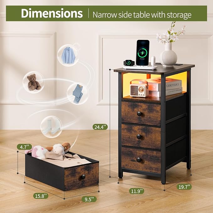 Yoobure End Table with Charging Station, LED Narrow Side Table Bedside Table, Small Night Stand End Tables Living Room, Skinny Nightstand with 3 Fabric Drawers, Side Tables Bedroom for Small Spaces - Image 2
