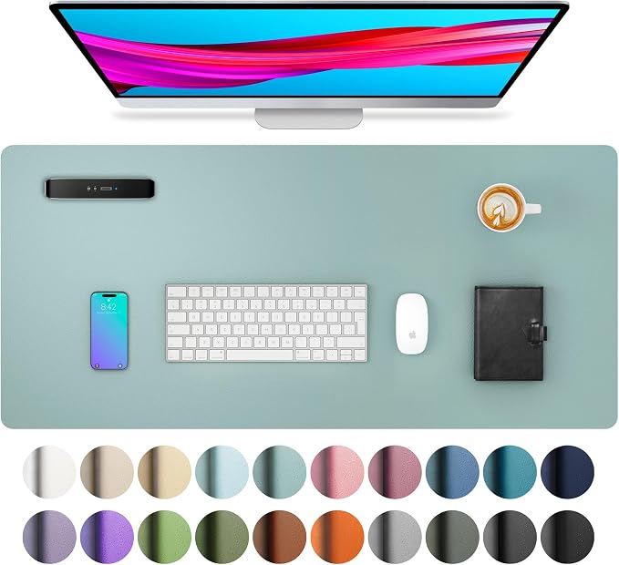 Aothia Leather Desk Pad Protector, Mouse Pad, Office Desk Mat, Non-Slip PU Leather Desk Blotter, Laptop Desk Pad, Waterproof Desk Writing Pad for Office and Home (23.6" x 13.7", Light Blue) by AothiaSimpleNaturalUnique