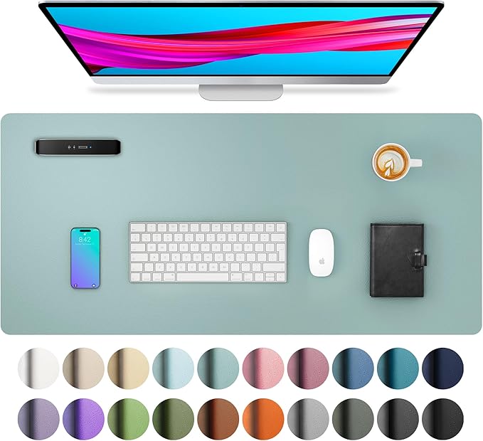 Aothia Leather Desk Pad Protector, Mouse Pad, Office Desk Mat, Non-Slip PU Leather Desk Blotter, Laptop Desk Pad, Waterproof Desk Writing Pad for Office and Home (Light Blue,31.5" x 15.7") by AothiaSimpleNaturalUnique
