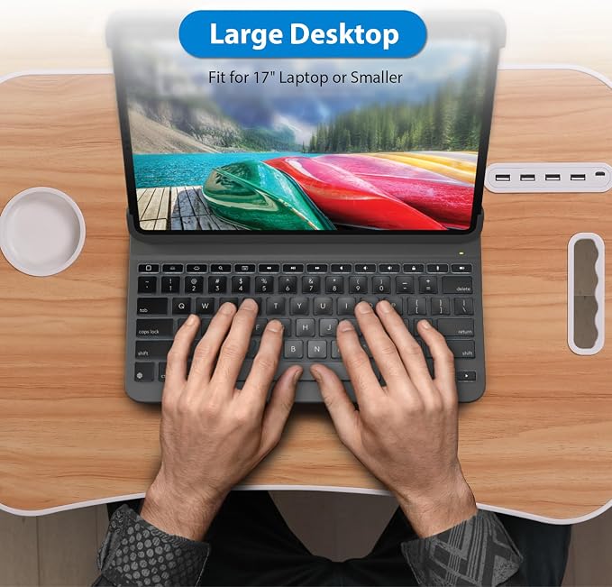 Portable Bed Desk, Foldable Laptop Desk with 4 USB Charge Port/Cup Holder/Tablet Slot/Storage Drawer, Folding Lap Table for Working, Writing, Drawing and Eating (Black) - Image 6