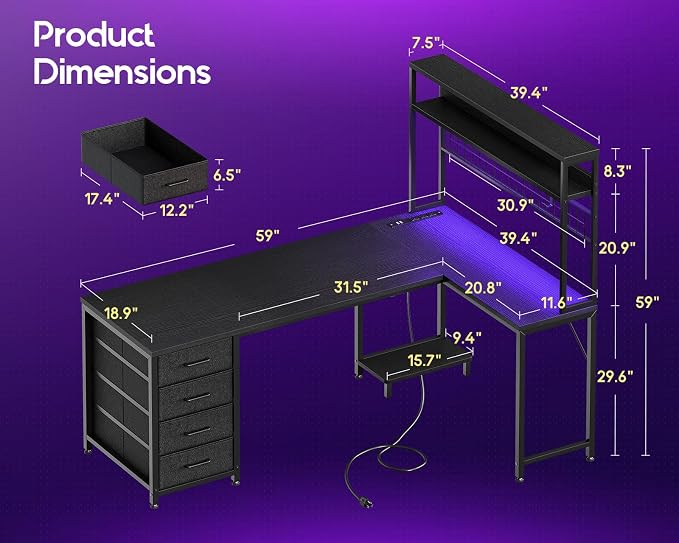 AODK 59" L Shaped Gaming Desk with Hutch, 4 Drawers, LED Lights, Black | Power Outlets, USB Ports, Grid Pegboard, Hutch Shelves, Reversible Layout for Bedrooms, Dorms, Study Rooms and Gaming Areas - Image 3