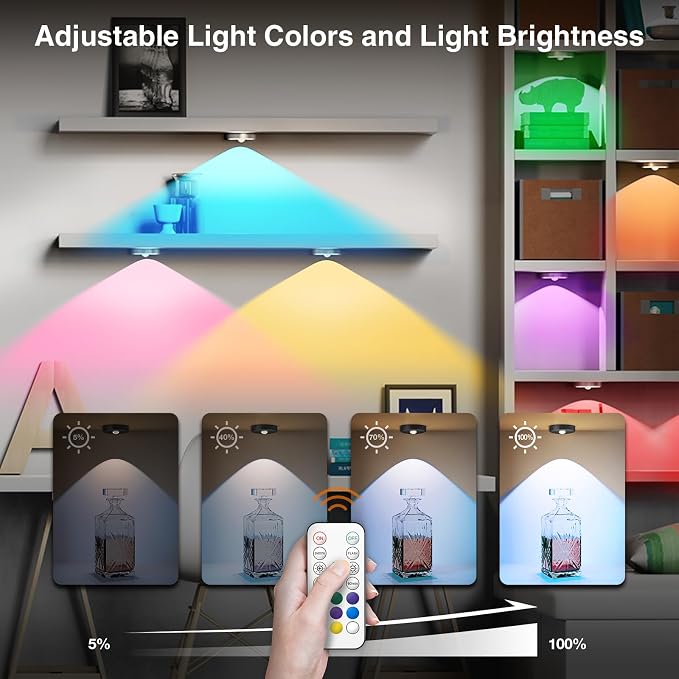 RGB Puck Lights with Remote Control, 2000mAh Rechargeable Stick on Led Lights, 9 Colors & 2 Dynamic, Tap Light with Timing,Under Cabinet Lighting for Closet,Kitchen,Cabinet,Shelf(Silver, 3 Pack) - Image 5