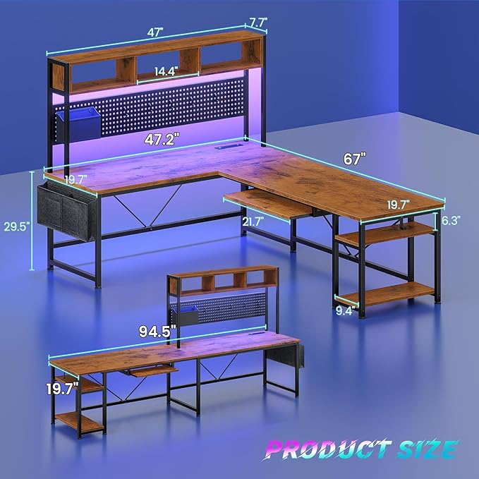 SEDETA L Shaped Computer Desk, Reversible Corner Desk with Power Outlet | Gaming Desk with Pegboard, Led Lights, Keyboard Tray, Headphone Hook and Storage Shelves, Rustic Brown - Image 2