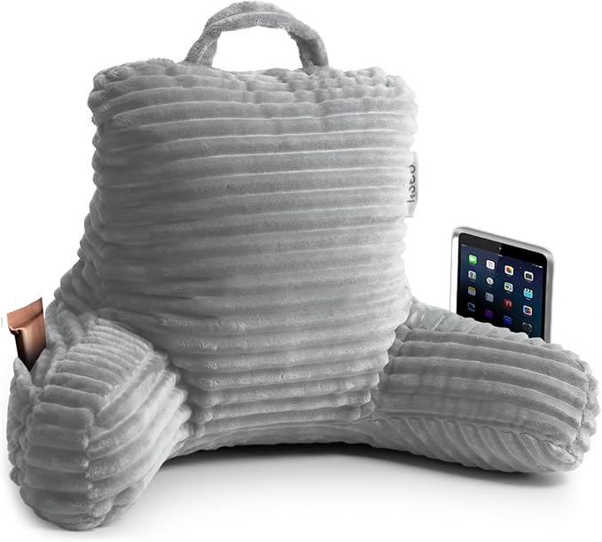 Nestl Reading Pillow for Kids & Teens with Shredded Memory Foam, Luxe Cut Plush Backrest Pillows for Reading and Gaming, For use on Couch, Bed, Floor, Adjustable Support with Washable Cover Light Grey by Nestl
